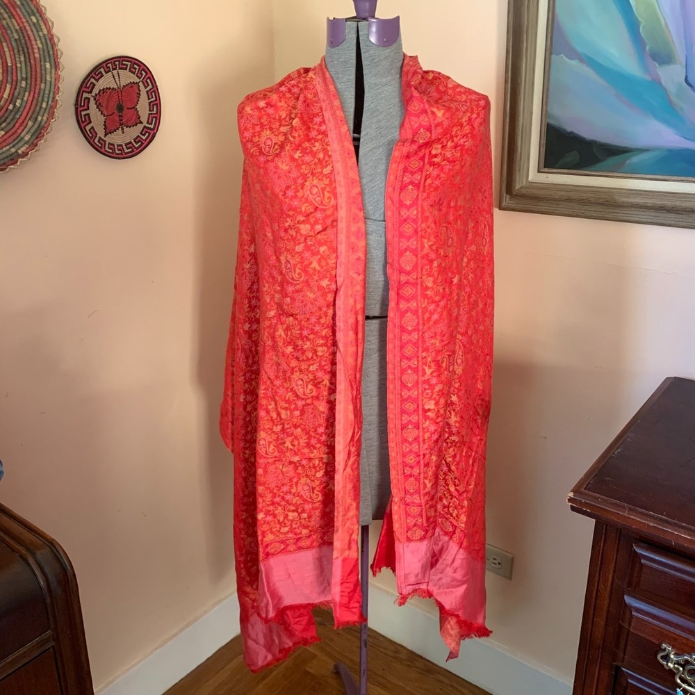 Vintage Red Orange Paisley Floral Jacquard Shawl Scarf Wrap Fringed Large
